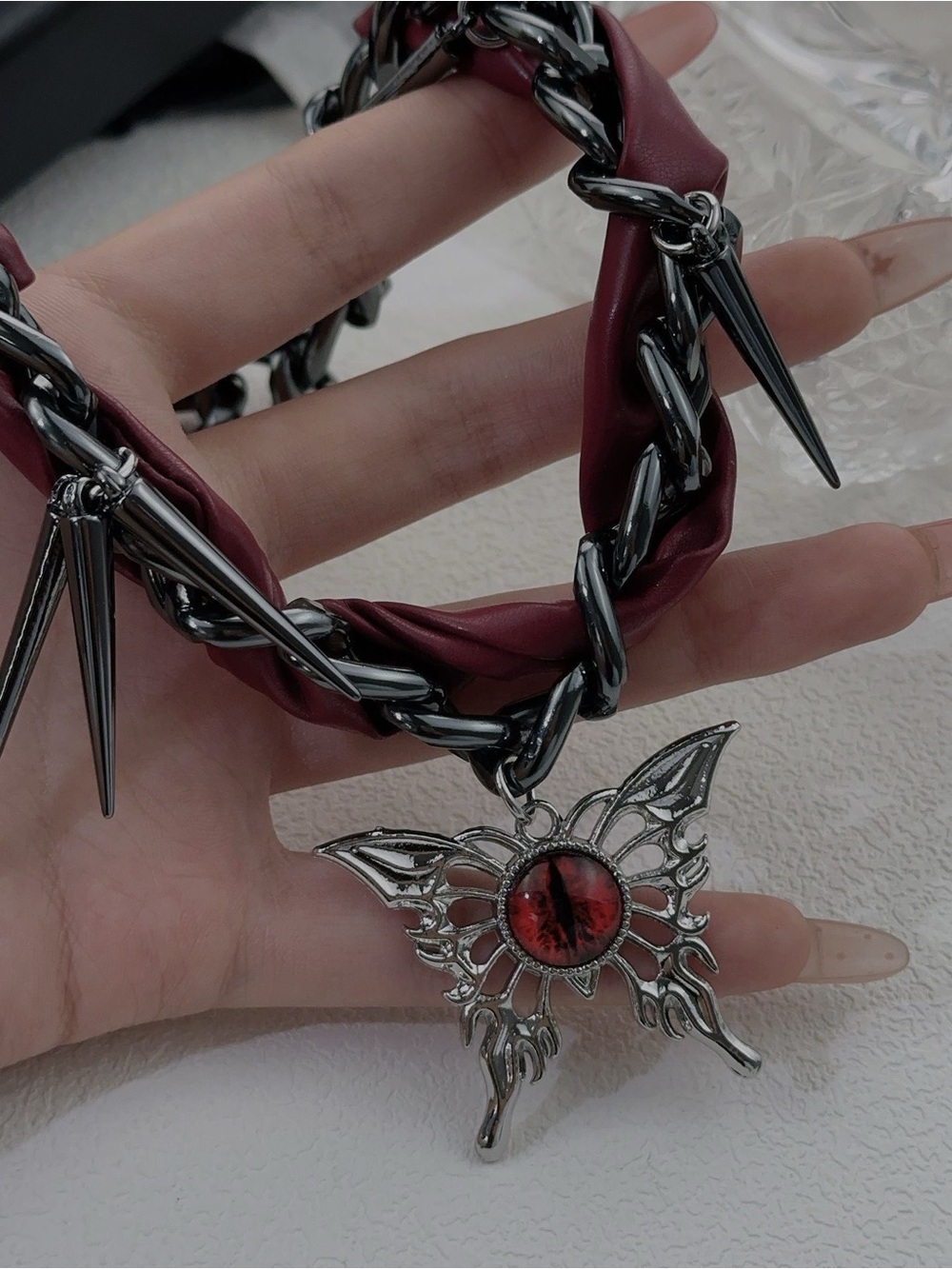 Anthropologie Maroon Braided Chain Necklace with Silver Butterfly Pendant